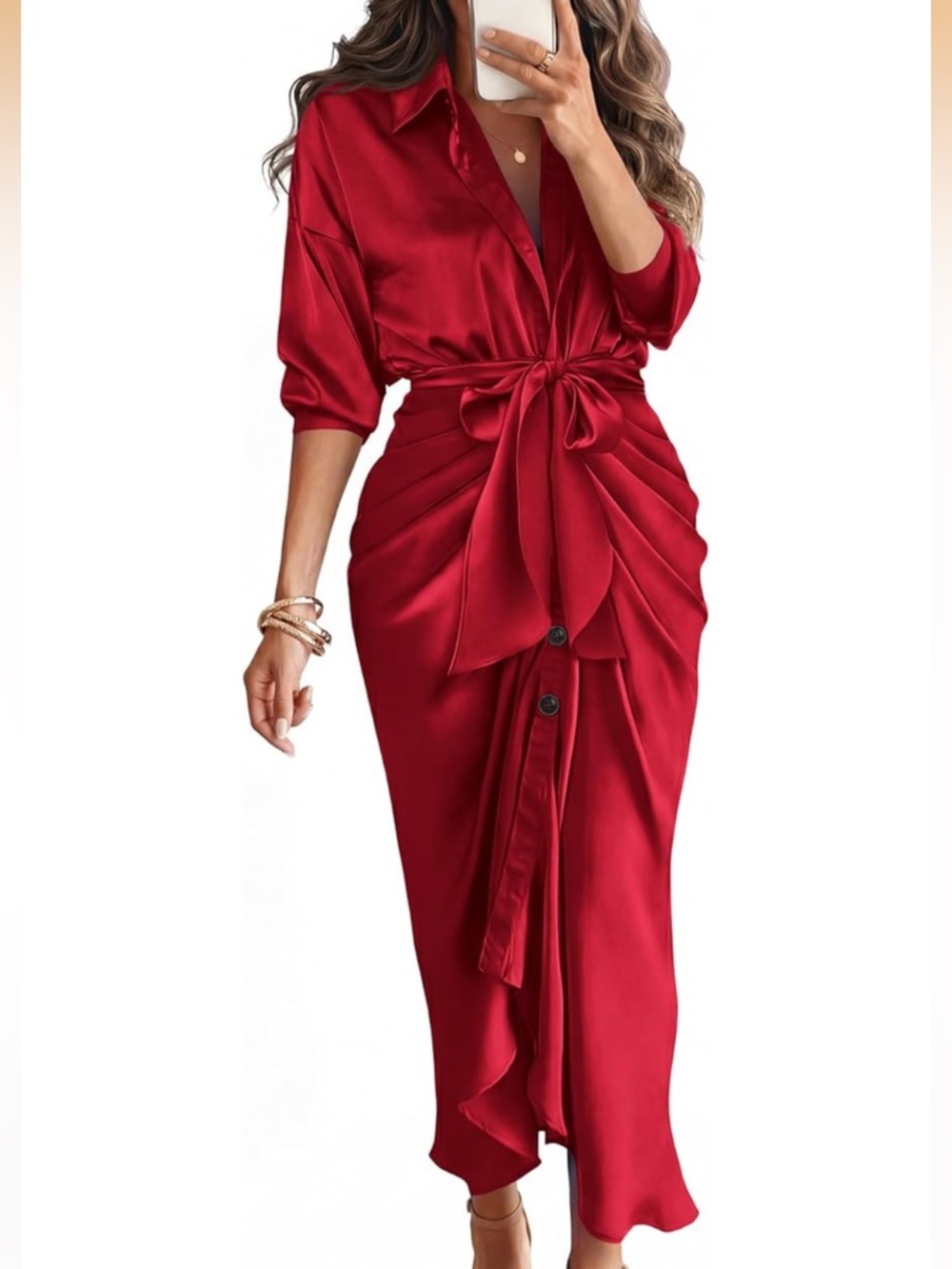 Red Satin Midi Tie-Waist Dress